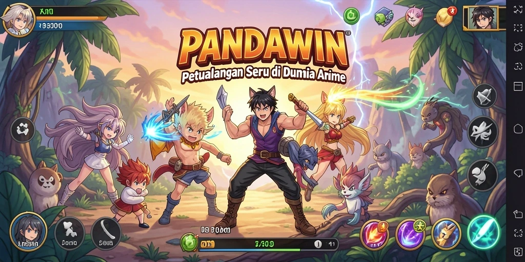 Tampilan seru dari gameplay PANDAWIN dengan aksi karakter anime.